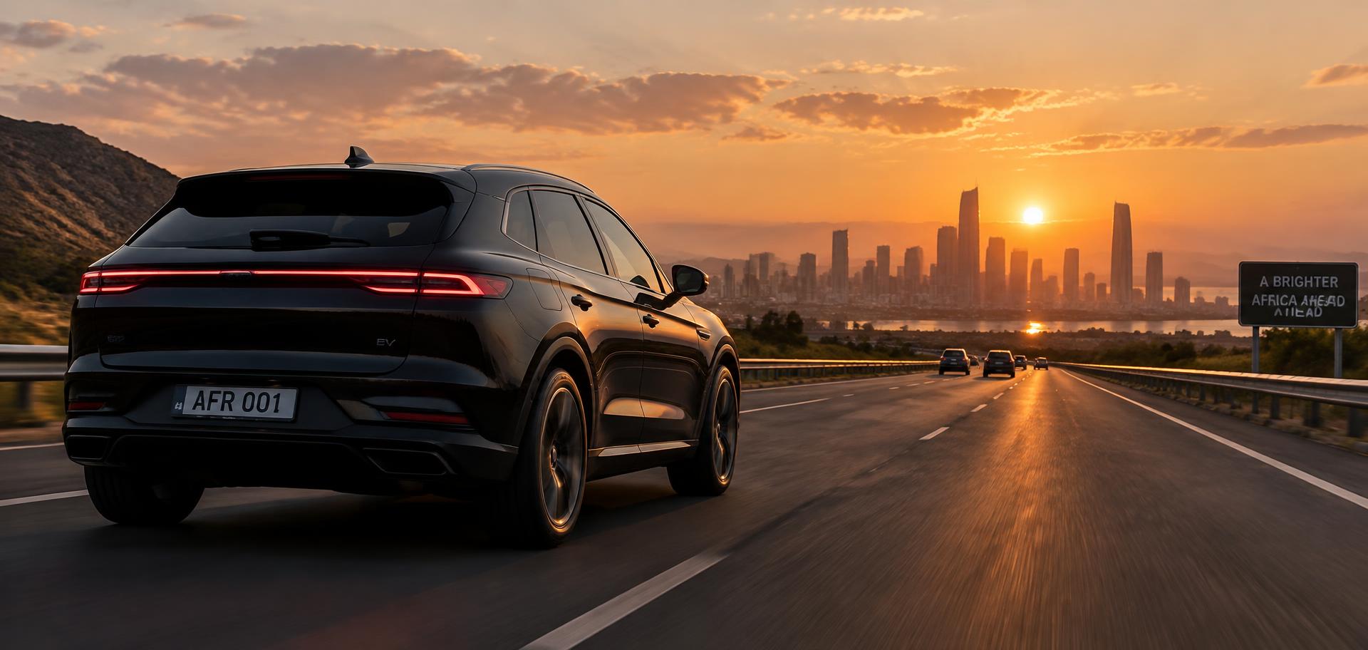An electric SUV on an open road at sunset